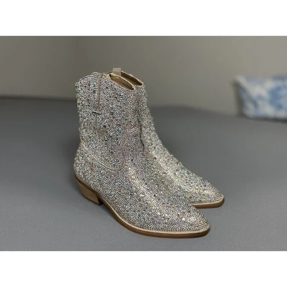Madden Girl Rhinestone Western Ankle Boots – Size 6 – Sparkly Cowgirl Booties - Picture 12 of 16